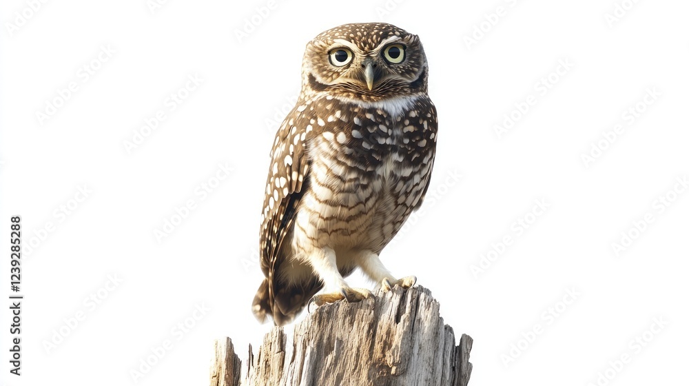 Fototapeta premium Owl perched on wood stump, white background, wildlife photography, nature stock image