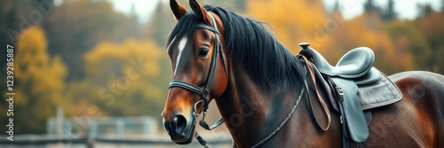 Beautiful brown horse with saddle stands proudly in a vibrant autumn landscape with colorful trees photo