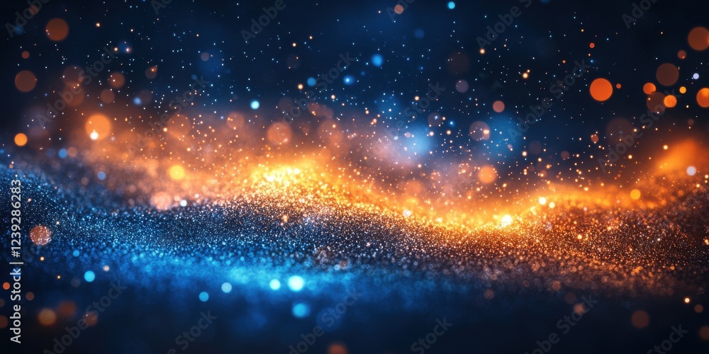 Fototapeta premium Stunning Abstract Background of Blue and Orange Glittering Particles with Glowing Bokeh Effect for Artistic Designs and Creative Projects