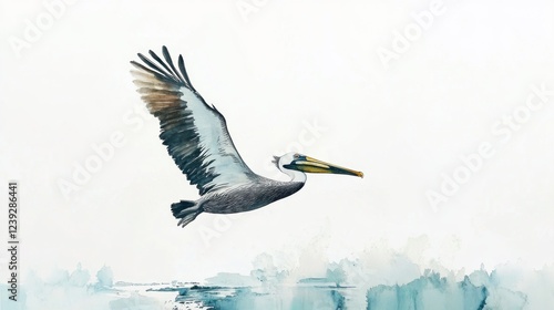 Pelican in flight over water, watercolor painting, nature