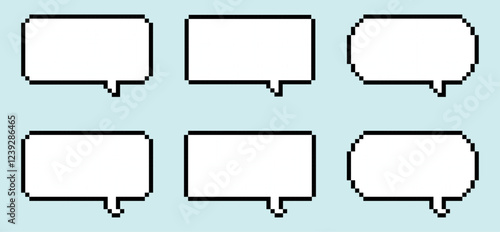 Set of 6 Pixelated speech bubbles in different shapes, speech bubbles on light cyan background, speech bubbles for retro games, pixel art.	