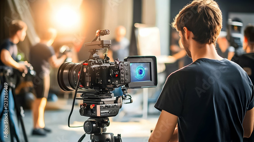 Filmmaker adjusts camera settings during a busy production in a studio with bright lighting and crew members around photo