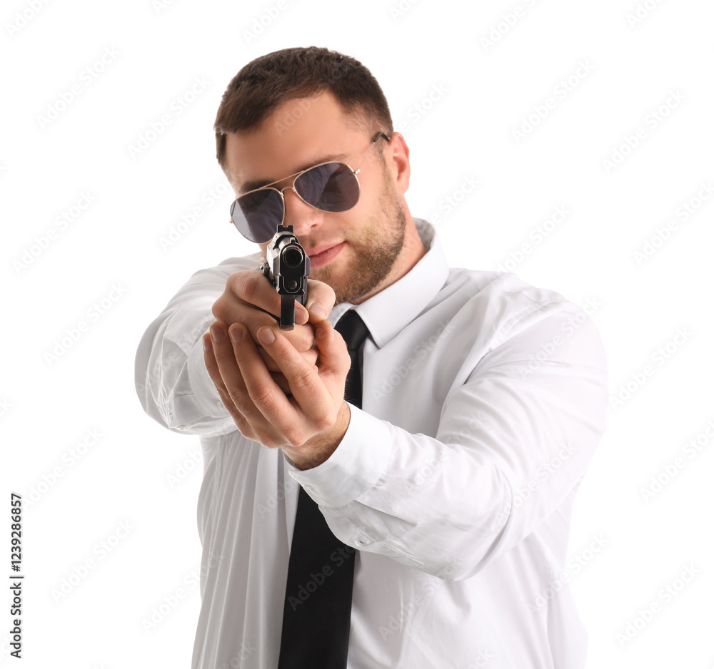 Male police officer with weapon on white background Male police officer with weapon on white background