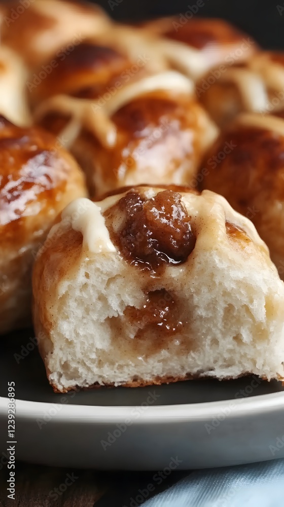 Mini Hot Cross Buns: A close-up shot reveals a delectable mini hot cross bun, sliced open to showcase its sweet, spiced filling and tender crumb. Glazed and golden brown. Mini Hot Cross Buns: A close-up shot reveals a delectable mini hot cross bun, sliced open to showcase its sweet, spiced filling and tender crumb. Glazed and golden brown.