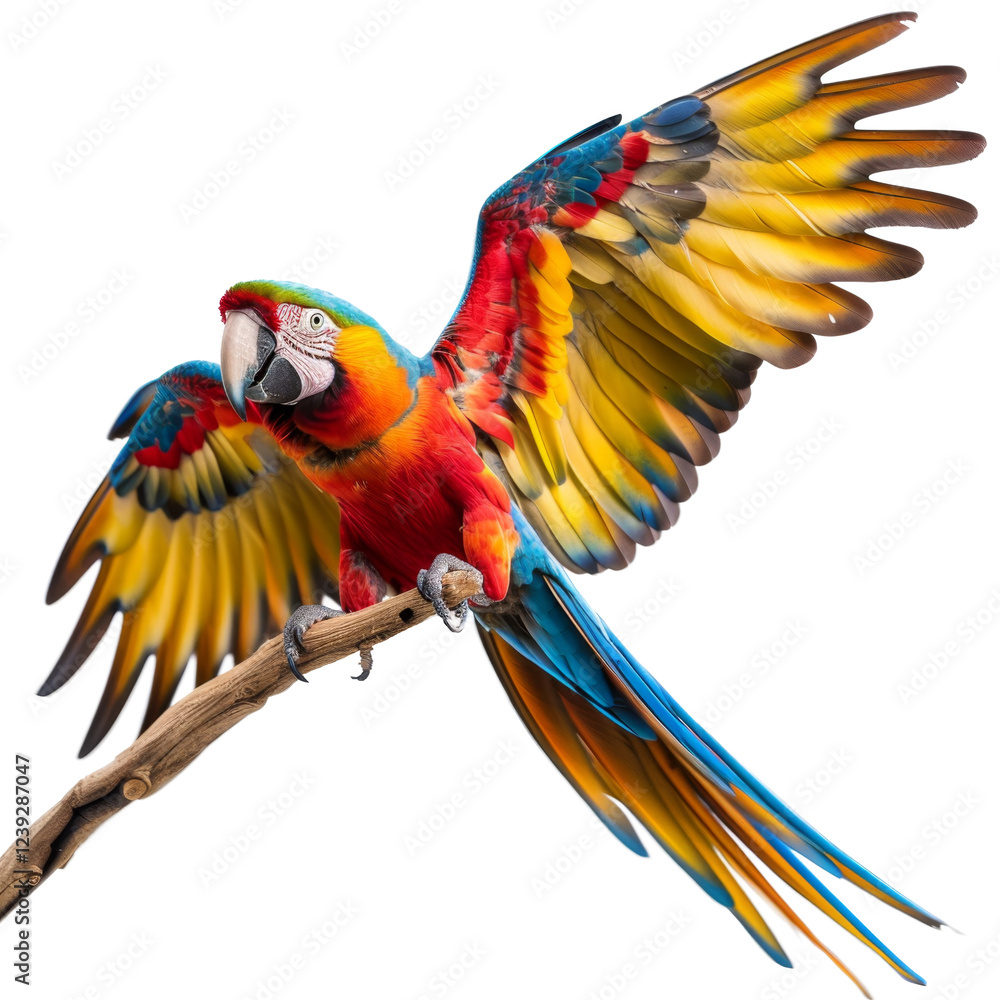 Fototapeta premium Vibrant scarlet macaw spreads its colorful wings on a branch in stunning display of plumage