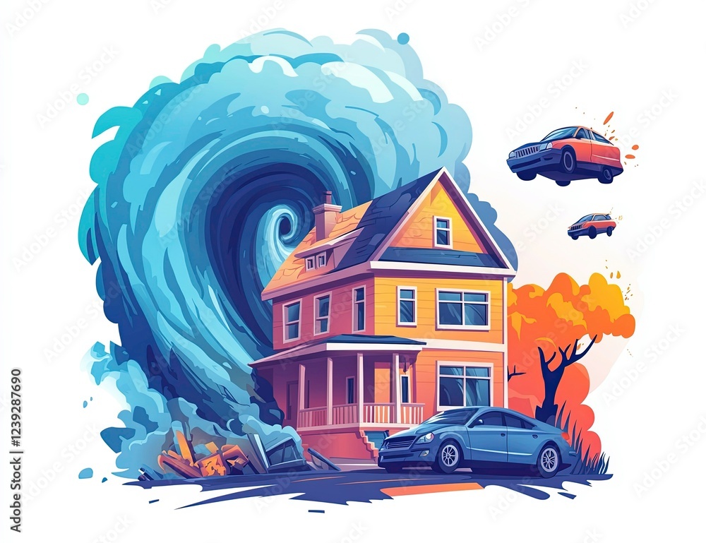 Naklejka premium Hurricane's powerful force depicted with a swirling wave and uprooted cars near a house