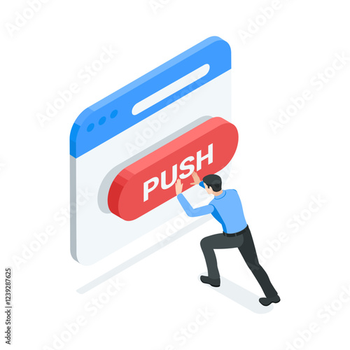 isometric vector man pushing big red button in program window, in color on white background, do action or perform task