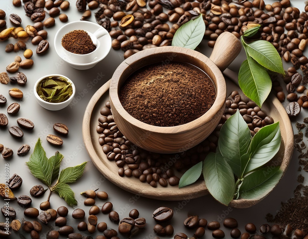 una mezcla de granos de cafe tostados con hojas de té e infusión una mezcla de granos de cafe tostados con hojas de té e infusión