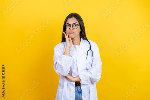 Young brunette doctor woman wearing stethoscope standing over isolated yellow background thinking looking tired and bored with crossed arms