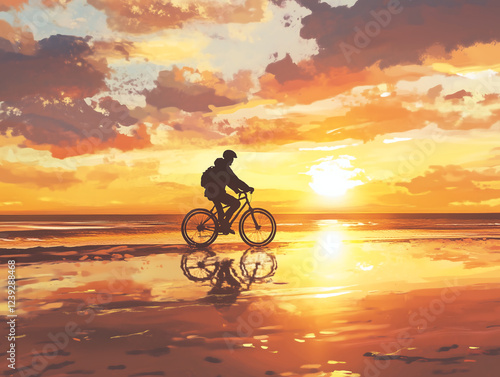 A cyclist enjoys a serene sunset ride along the beach, reflecting tranquility and freedom. photo