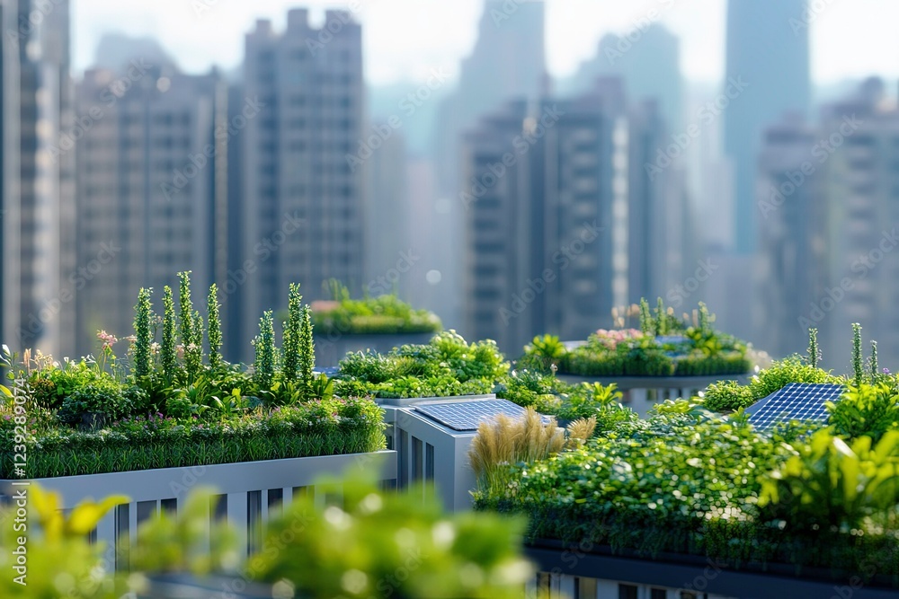 Fototapeta premium Rooftop gardens thriving in urban landscape with skyline in the background