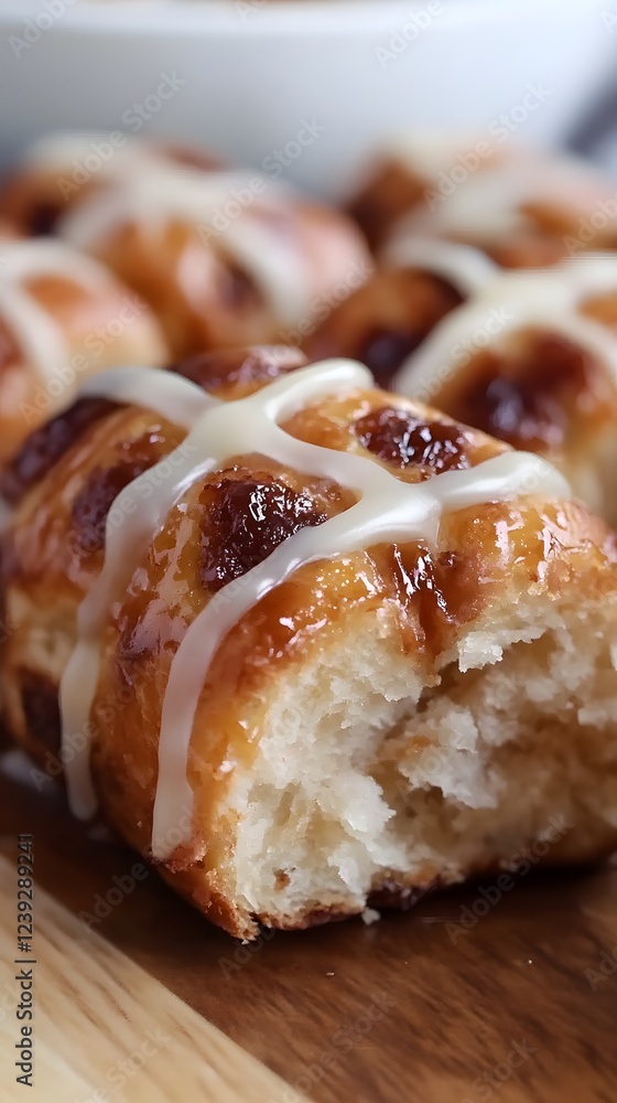 Cinnamon Roll Bite: A close-up shot of a freshly baked, gooey cinnamon roll with a creamy white glaze, revealing a tempting bite mark and showcasing the layers of deliciousness. Cinnamon Roll Bite: A close-up shot of a freshly baked, gooey cinnamon roll with a creamy white glaze, revealing a tempting bite mark and showcasing the layers of deliciousness.