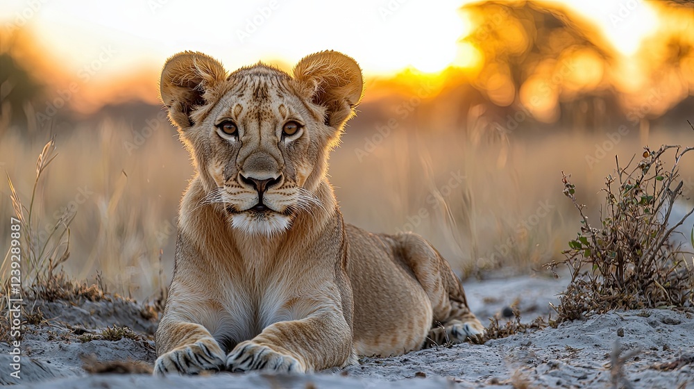 Fototapeta premium Majestic lion cub resting in golden grassland as the sun sets in the horizon