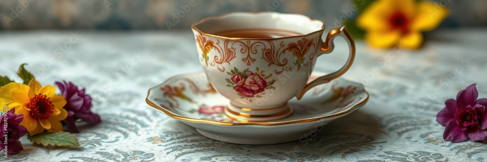Delicate tea cup with floral design sitting on a patterned tablecloth surrounded by colorful flowers Delicate tea cup with floral design sitting on a patterned tablecloth surrounded by colorful flowers