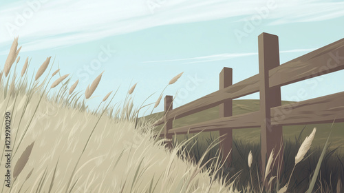 Rustic Wooden Fence Along a Scenic Countryside Field with Tall Grass Under a Clear Blue Sky