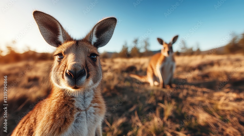 This curious kangaroo gazes into the camera, displaying the lively spirit of wildlife in the Australian outback with its natural habitat in the background. This curious kangaroo gazes into the camera, displaying the lively spirit of wildlife in the Australian outback with its natural habitat in the background.