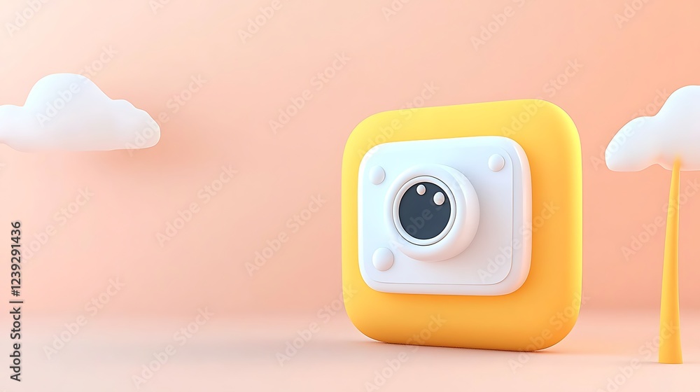 Fototapeta premium Stylized 3D Render of a Camera Icon with Clouds and Pastel Background