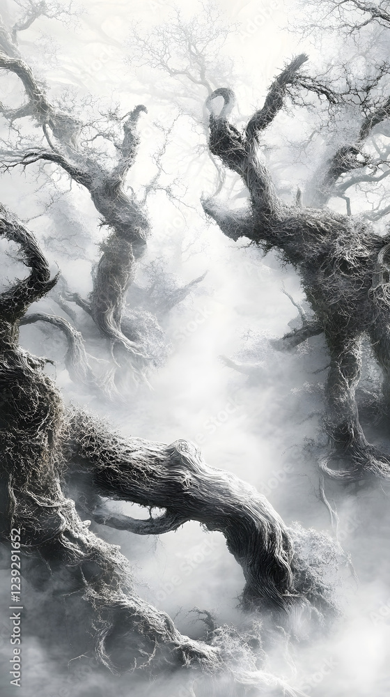 Obraz premium Mystical Woodland with Gnarled Trees in Thick Mist