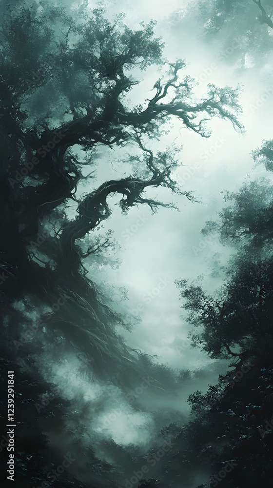 Fototapeta premium Mysterious Foggy Forest Ideal for Enchanting Wallpaper