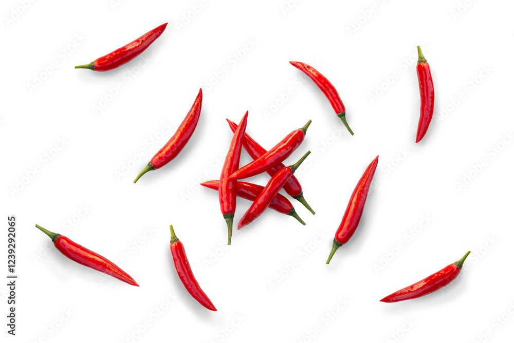 Obraz premium Closeup of fresh organic red chilli pepper from the garden isolated on a transparent background with shadow from above, top view, png