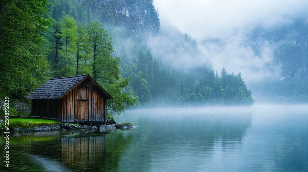Obraz premium Wooden boathouse by a misty lake surrounded by green forest