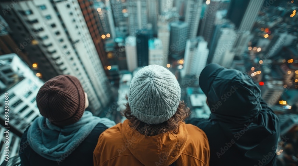 A group of individuals captivated by the urban landscape below, standing at an elevated position and sharing an exhilarating view of the bustling city lights. A group of individuals captivated by the urban landscape below, standing at an elevated position and sharing an exhilarating view of the bustling city lights.