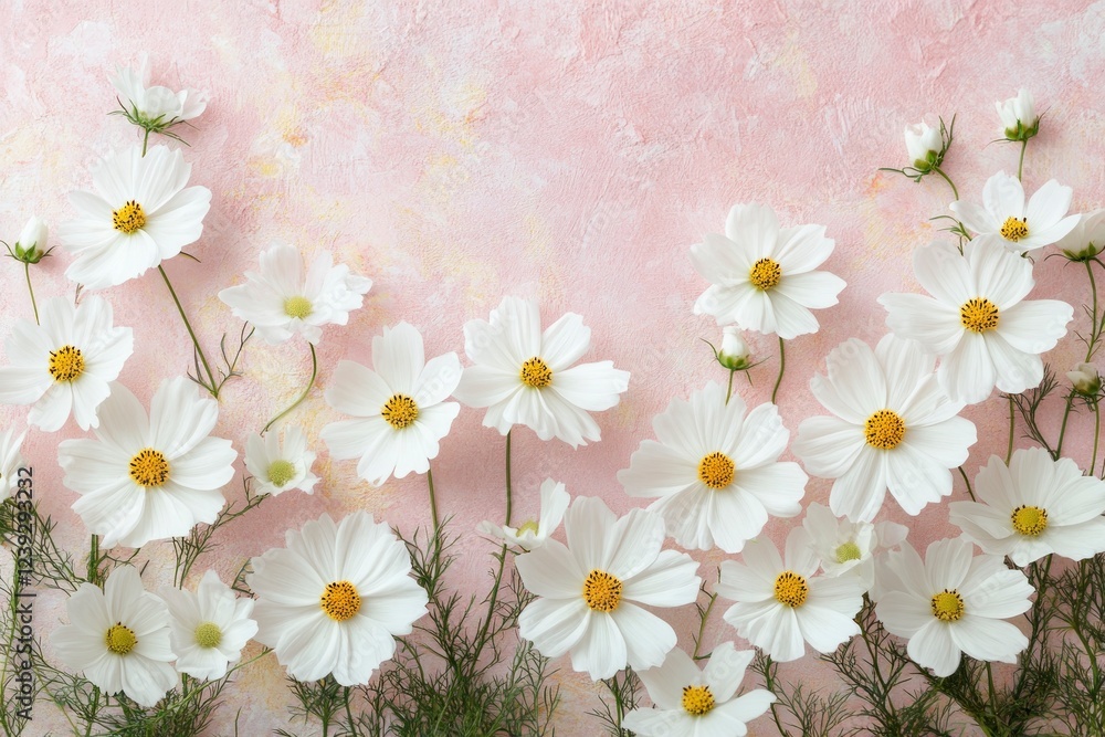 Fototapeta premium White Cosmos Flowers on Pink Background Floral Image