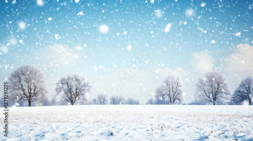 Serene Snowy Landscape with Gently Falling Snowflakes and a Clear Blue Sky in Winter Wonderland
