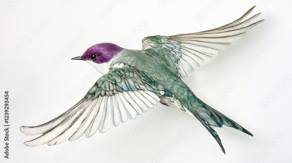 Obraz premium Purple-crowned Fairy-wren in flight, white background, nature illustration
