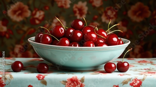 A nostalgic bowl brimming with fresh cherries, presented on a vintage floral tablecloth, representing the beauty of nature and the joy of seasonal eating.