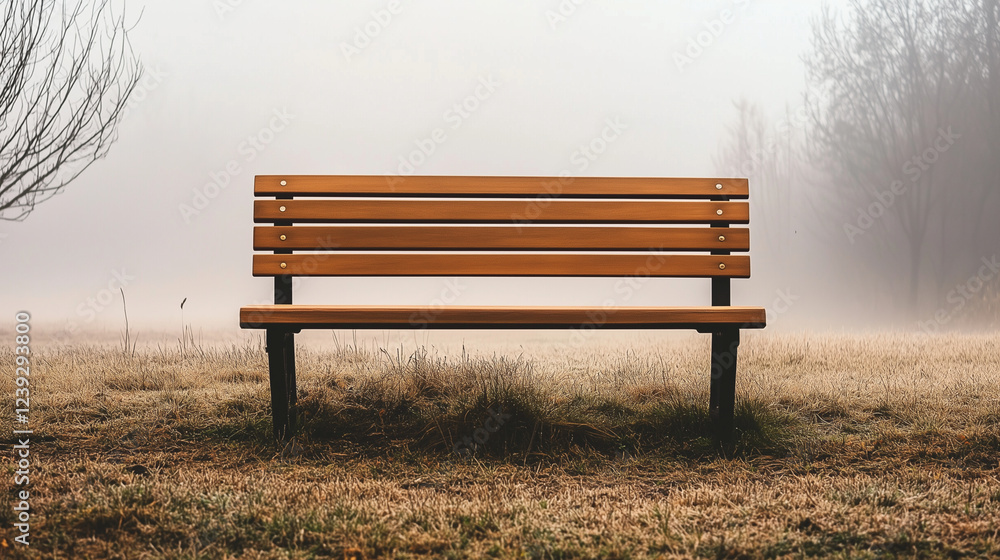 Lonely Wooden Park Bench in a Foggy Landscape Creating a Mysterious and Serene Atmosphere Lonely Wooden Park Bench in a Foggy Landscape Creating a Mysterious and Serene Atmosphere