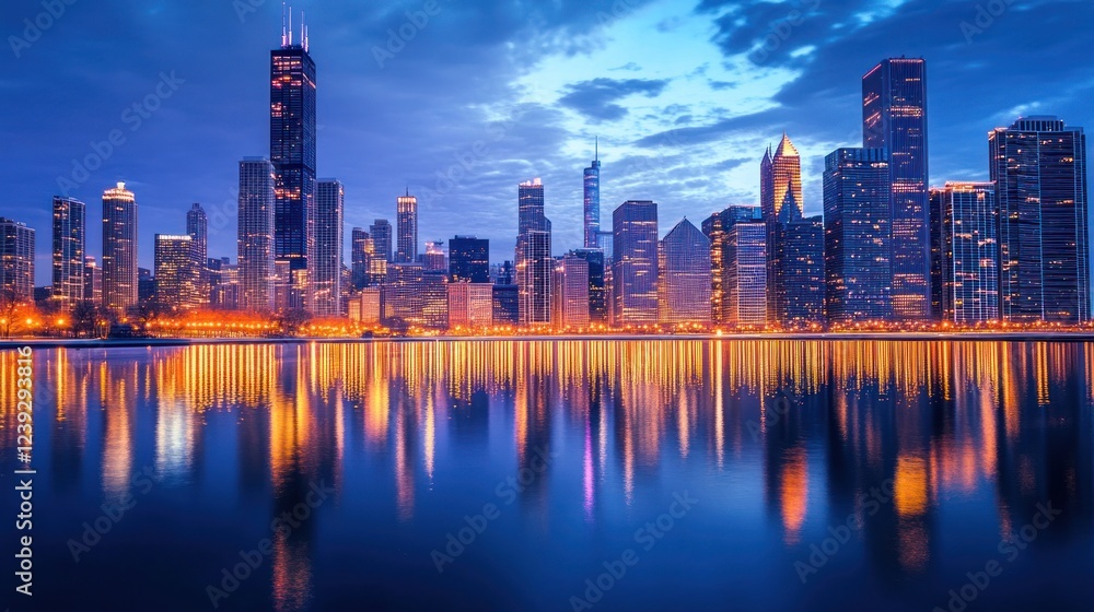 Fototapeta premium City skyline with illuminated buildings reflecting on water at dusk