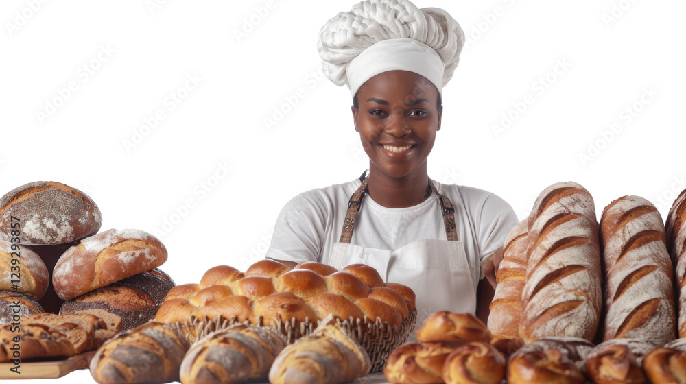 Baker woman with assortment of fresh baked bread on transparent background Baker woman with assortment of fresh baked bread on transparent background