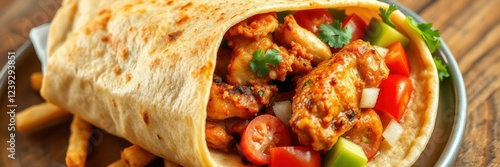 Flavorful chicken wrap served with fresh vegetables on a rustic wooden table photo