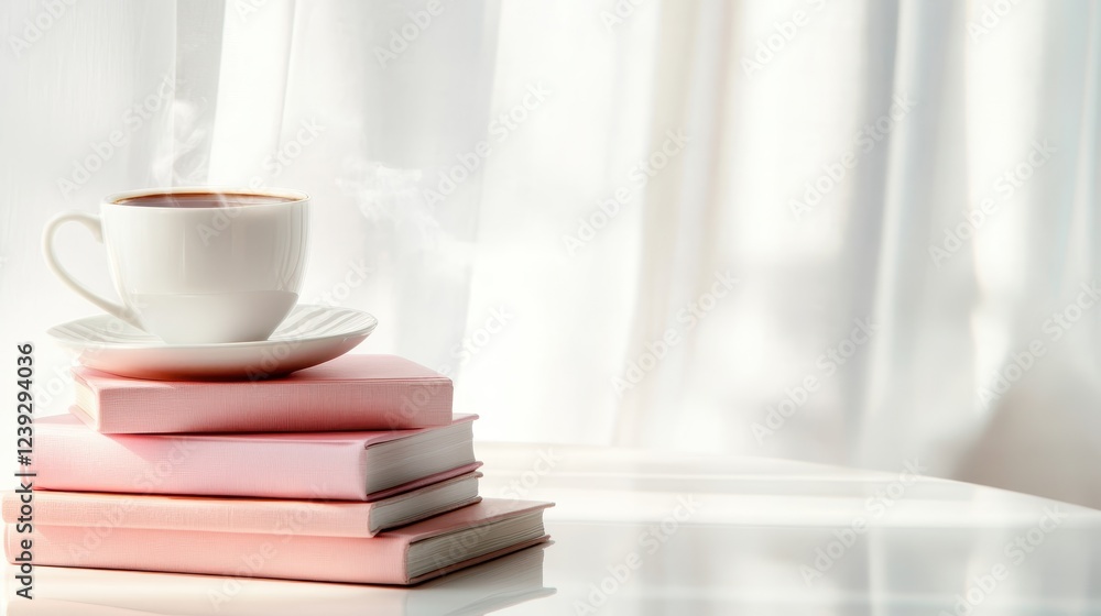 A warm coffee cup rests atop a stack of pastel-colored books, inviting relaxation and study, set against softly lit curtains in a serene indoor environment. A warm coffee cup rests atop a stack of pastel-colored books, inviting relaxation and study, set against softly lit curtains in a serene indoor environment.