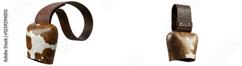 A Brown and White Cowbell with a Leather Strap