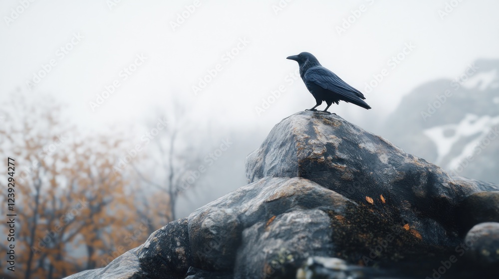 Fototapeta premium Raven perched on mountain rock, foggy landscape