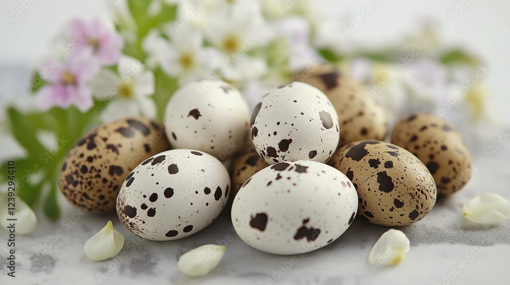 Speckled eggs with fresh flowers arranged for Easter decoration Speckled eggs with fresh flowers arranged for Easter decoration