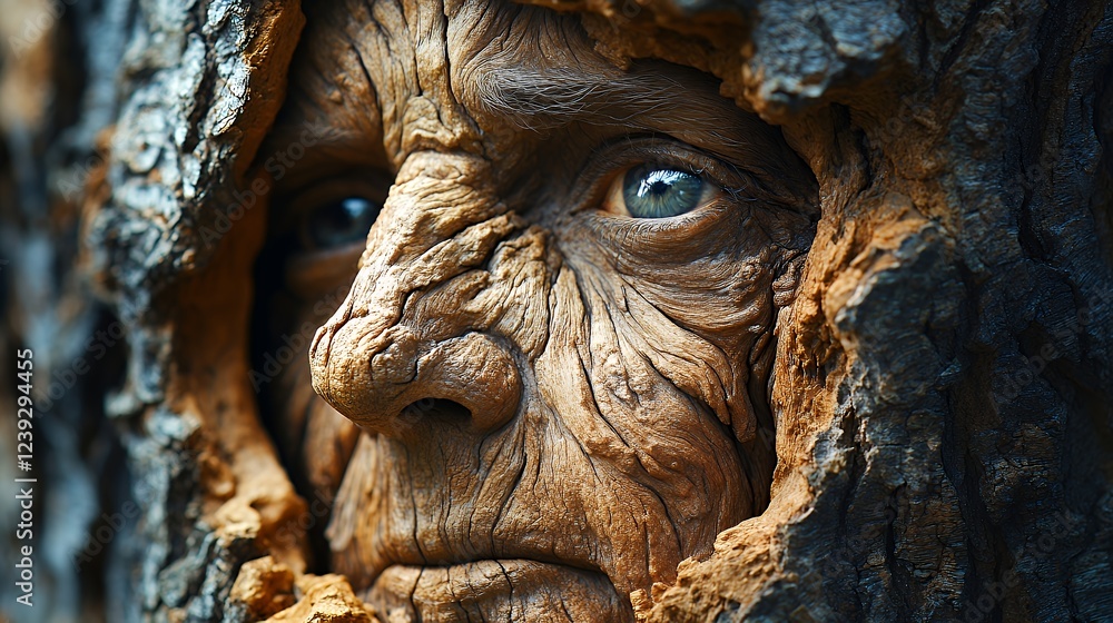 Ancient Face Emerging from Weathered Bark: A Rustic Portrait Ancient Face Emerging from Weathered Bark: A Rustic Portrait