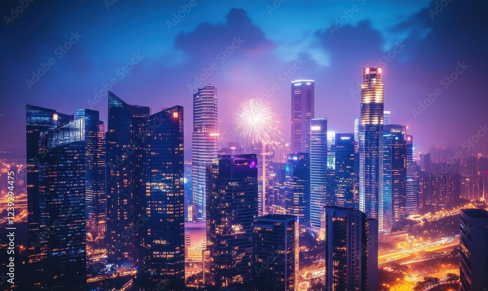 Fototapeta premium Stunning Night Skyline Over Cityscape Illuminated by Fireworks with Skyscrapers and Colorful Lights Against Dramatic Cloudy Blue Sky