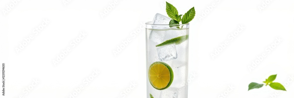 Refreshing mojito with mint and lime served on ice in a tall glass with a clean white background Refreshing mojito with mint and lime served on ice in a tall glass with a clean white background