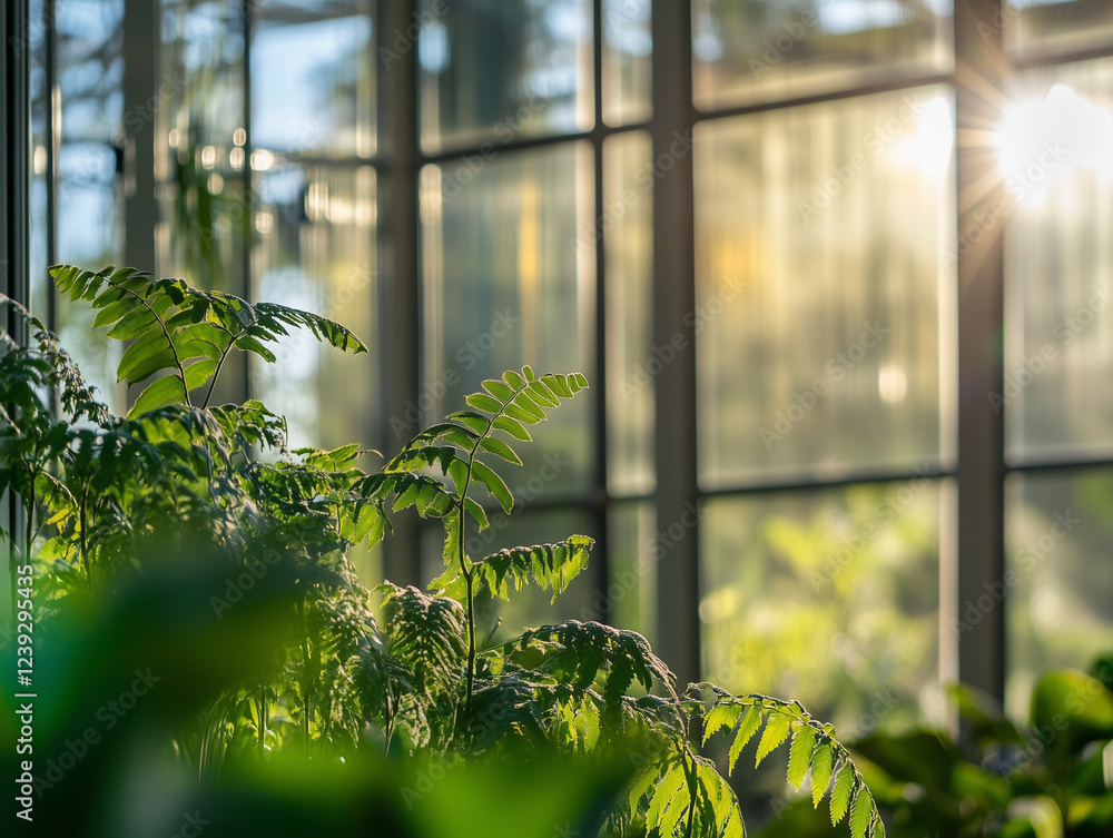 Lush Greenhouse with Sunlit Leaves and Soft Natural Light Filtering Through Glass Windows Lush Greenhouse with Sunlit Leaves and Soft Natural Light Filtering Through Glass Windows