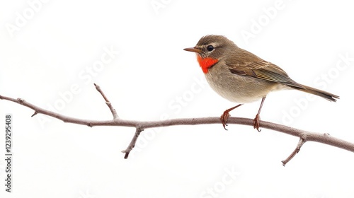 Red-breasted bird perched on branch, white background, wildlife, nature photography