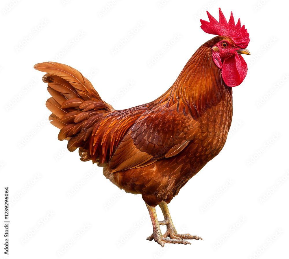 Fototapeta premium A Farmyard Rooster with Vibrant Red and Orange Feathers