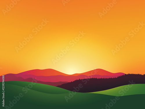 Scenic Sunset Over Rolling Green Hills and Majestic Mountains in a Vibrant Landscape Illustration