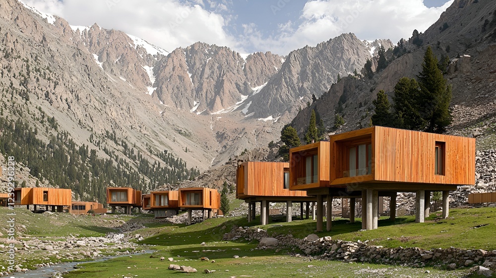 Mountain resort cabins, valley view, serene landscape, eco-tourism Mountain resort cabins, valley view, serene landscape, eco-tourism