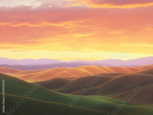 Scenic Sunset Over Rolling Green Hills and Majestic Mountains in a Vibrant Landscape Illustration