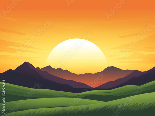 Scenic Sunset Over Rolling Green Hills and Majestic Mountains in a Vibrant Landscape Illustration
