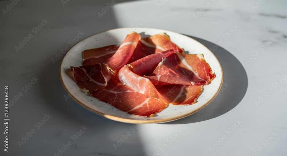 Thinly sliced prosciutto on ceramic plate in natural light Thinly sliced prosciutto on ceramic plate in natural light
