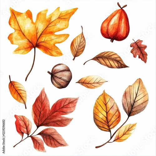 Colorful watercolor autumn leaves and fruits created in a warm artistic style photo